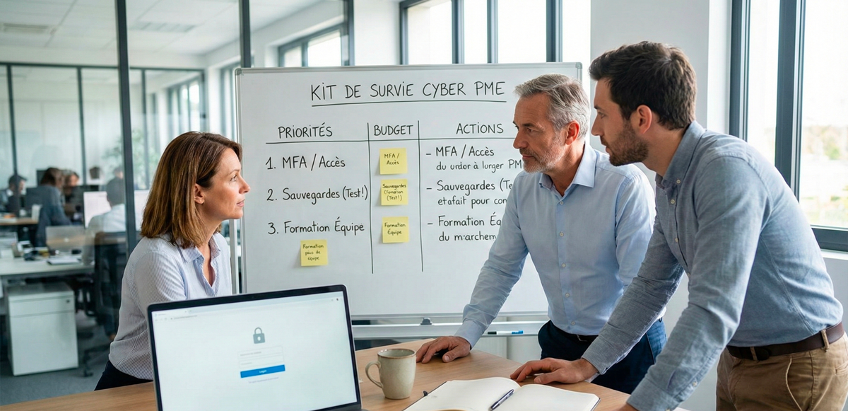 Trois collègues en réunion autour d’une table dans un open space ; tableau blanc derrière avec plan “Kit de survie cyber PME” (priorités, budget, actions) ; ordinateur portable au premier plan affichant un écran de connexion sécurisé.