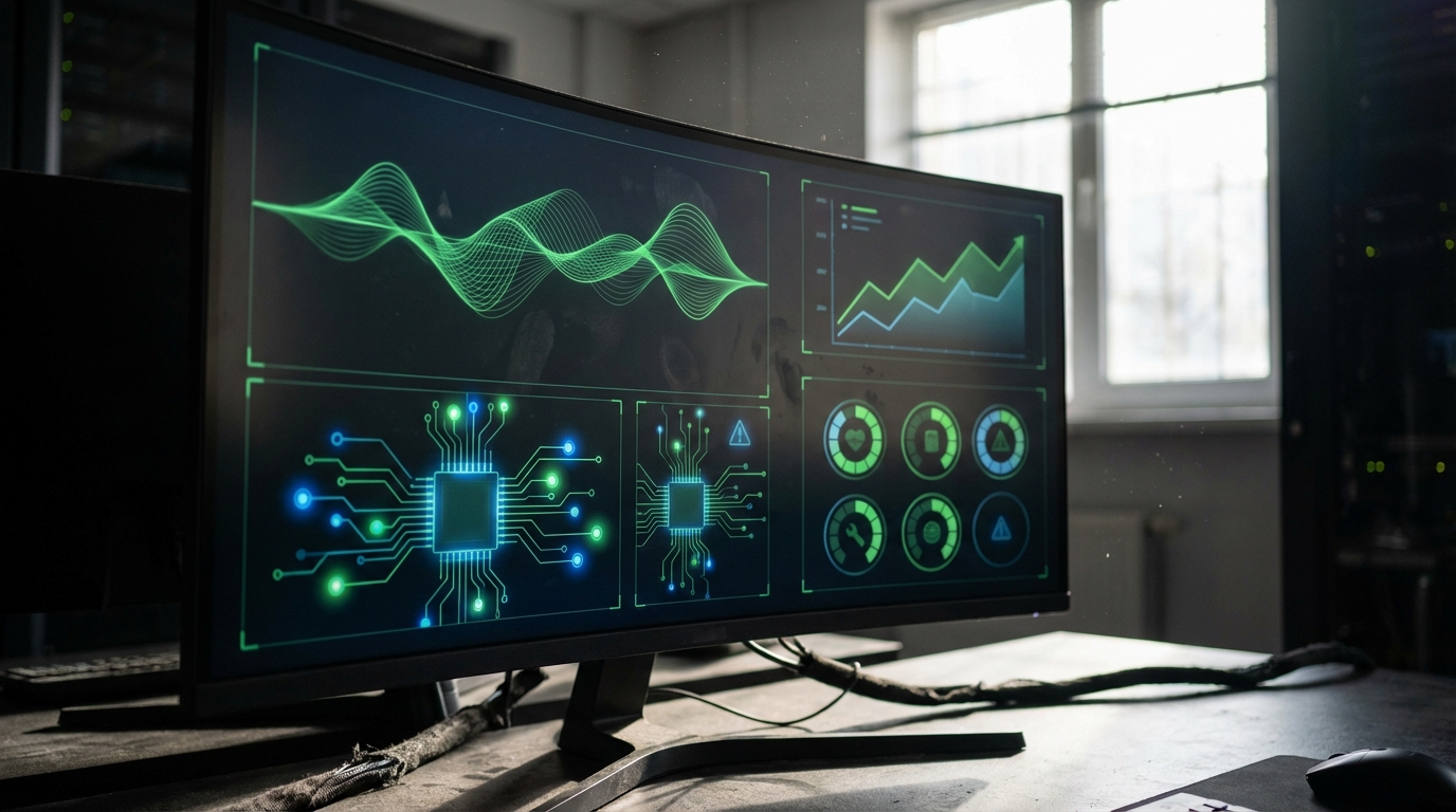 Un écran de monitoring IT affichant des graphiques en temps réel avec des alertes intelligentes, des flux de données verts et des indicateurs de santé système, symbolisant une gestion anticipée et maîtrisée des incidents plutôt qu'une situation de crise.