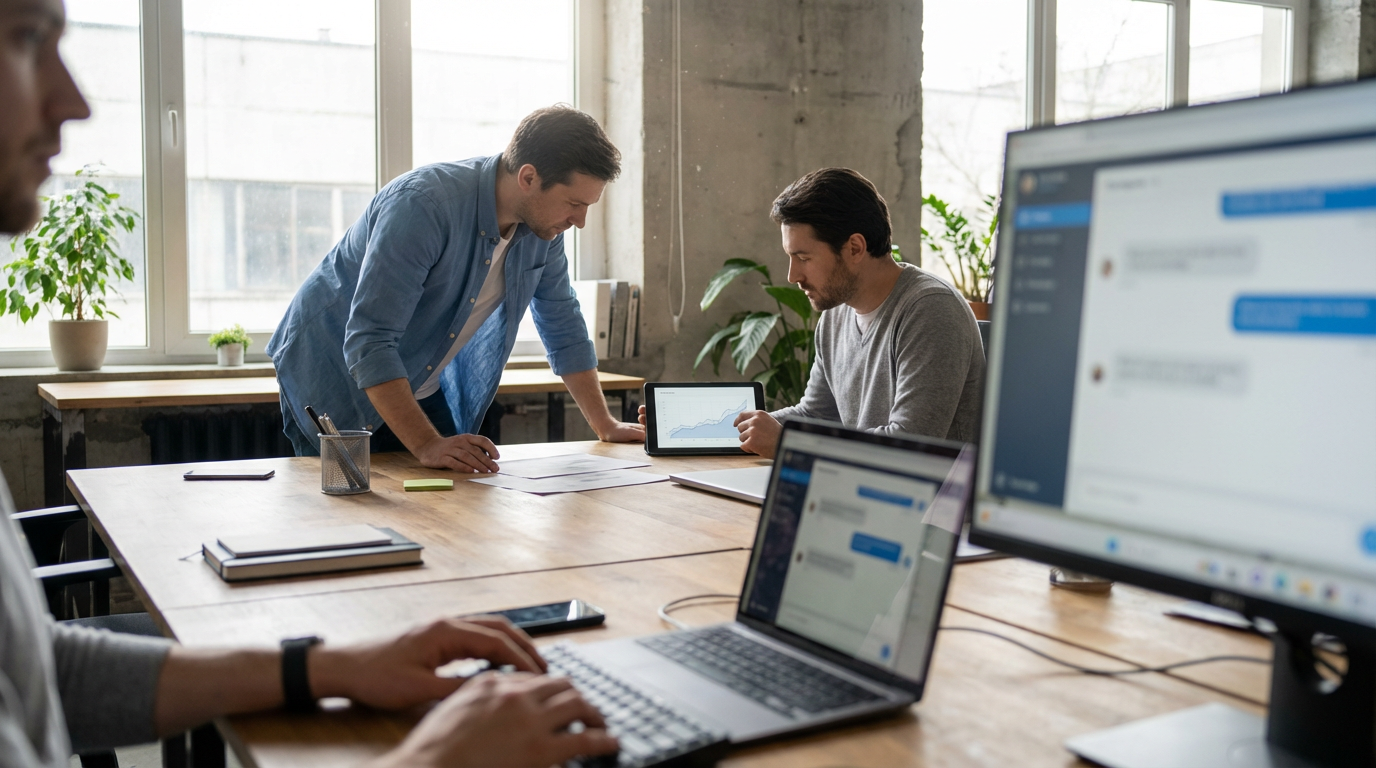 Équipe de trois collaborateurs autour d'un bureau, l'un tapant sur un clavier avec ChatGPT visible à l'écran, les autres lisant des documents papier et écran partagé, luminosité naturelle de bureau PME moderne